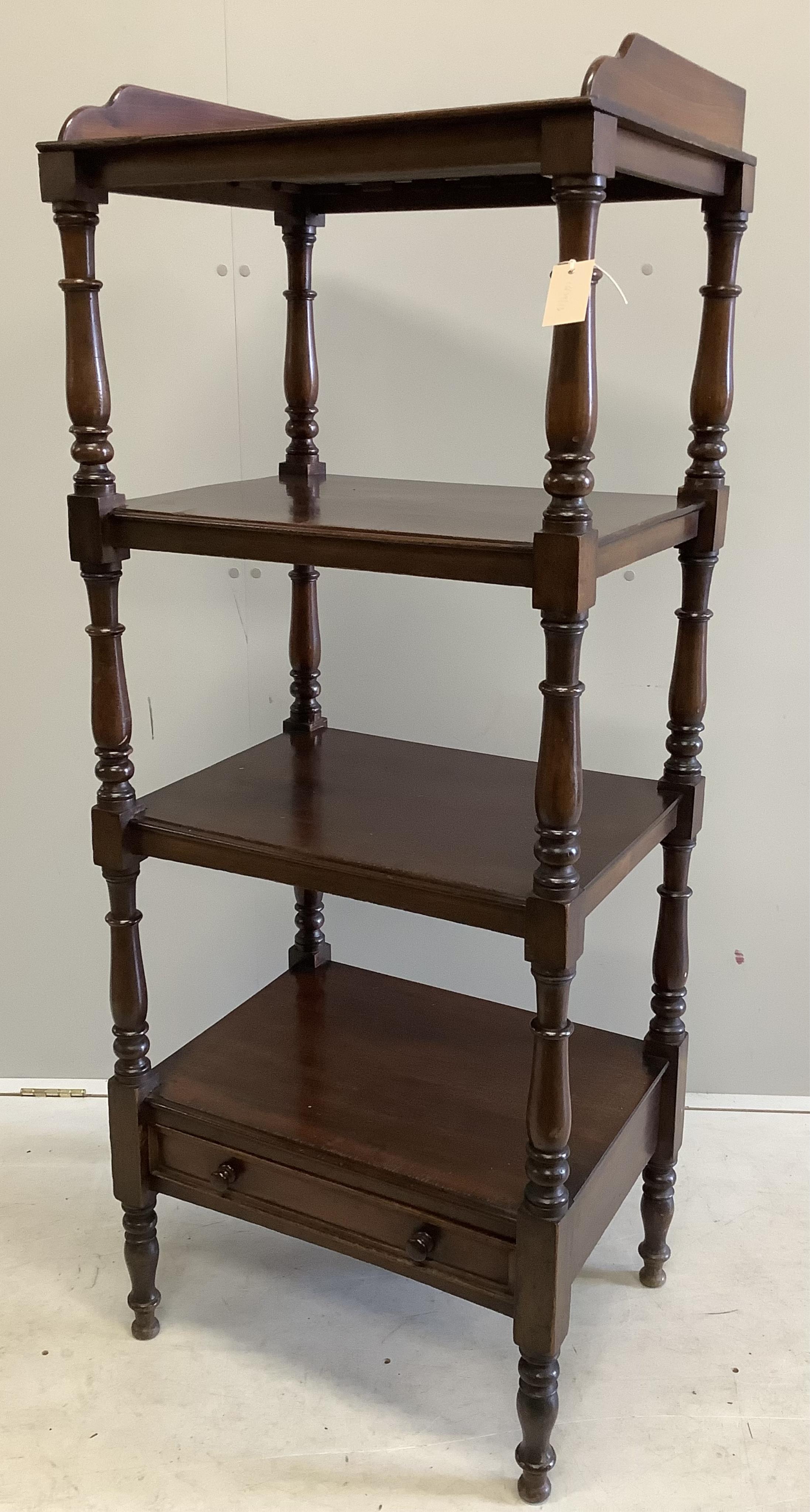 A Victorian mahogany four tier whatnot, width 60cm, depth 46cm, height 149cm. Condition - fair to good